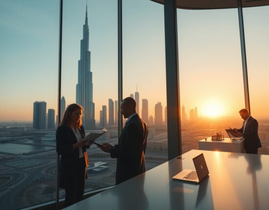 Dubai skyline with professionals reviewing documents in a modern office, representing crypto firms relocating from Europe.