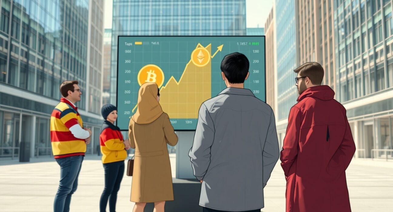European crypto investors from four major nations gather in a financial district, viewing a digital chart showing rising cryptocurrency adoption trends.