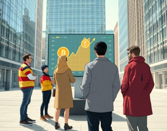 European crypto investors from four major nations gather in a financial district, viewing a digital chart showing rising cryptocurrency adoption trends.