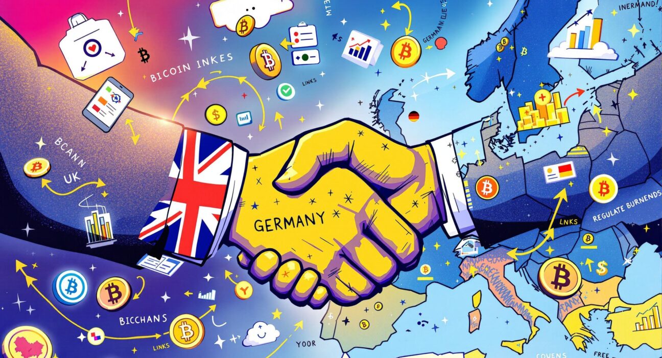 A cartoon illustration showing a strategic merger expanding Archax's influence in European crypto markets.