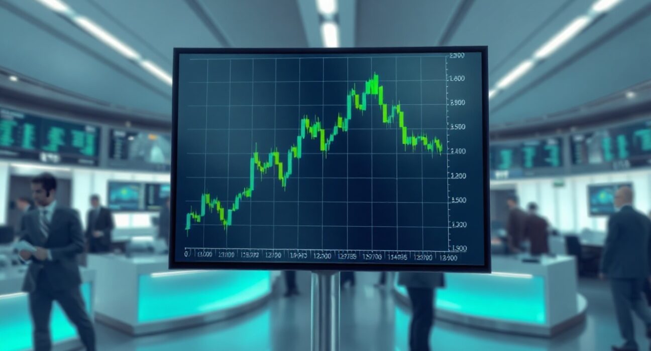 European stock exchange trading floor with a digital chart showing green upward trend for earnings season preview.