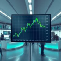 European stock exchange trading floor with a digital chart showing green upward trend for earnings season preview.