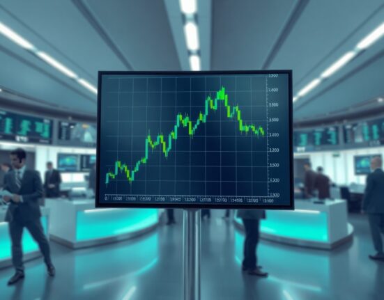 European stock exchange trading floor with a digital chart showing green upward trend for earnings season preview.