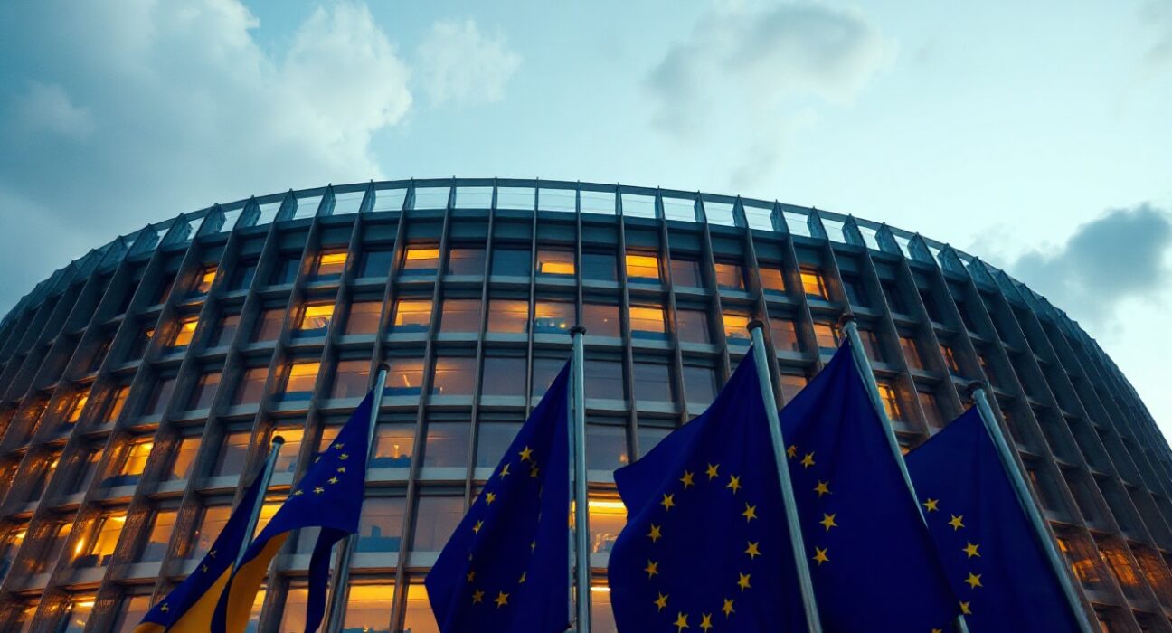 European Parliament building in Brussels at dusk, symbolizing political and energy decisions.