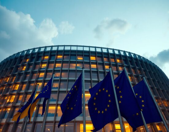 European Parliament building in Brussels at dusk, symbolizing political and energy decisions.