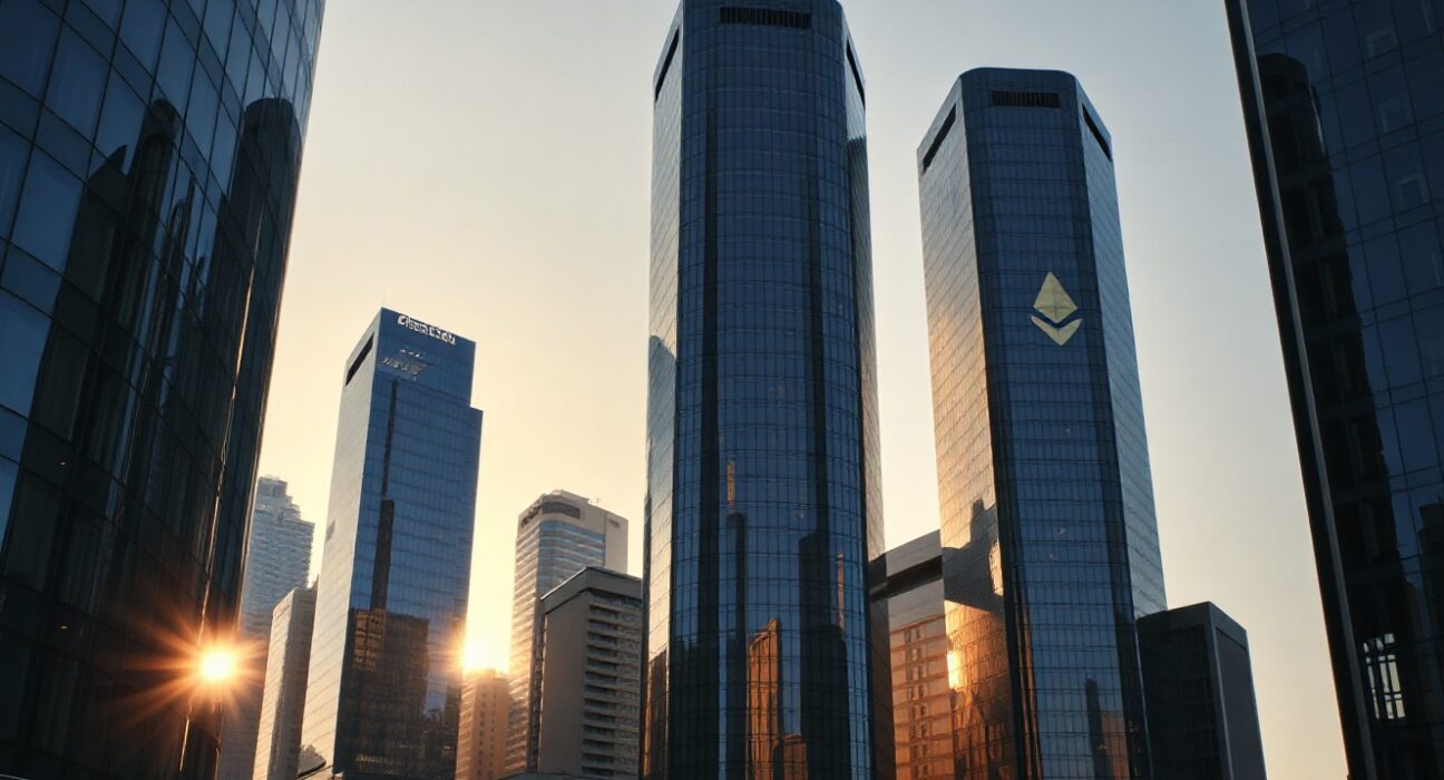 European financial district skyline with subtle digital cryptocurrency symbols on building facades at sunset