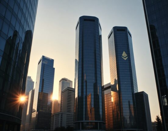 European financial district skyline with subtle digital cryptocurrency symbols on building facades at sunset