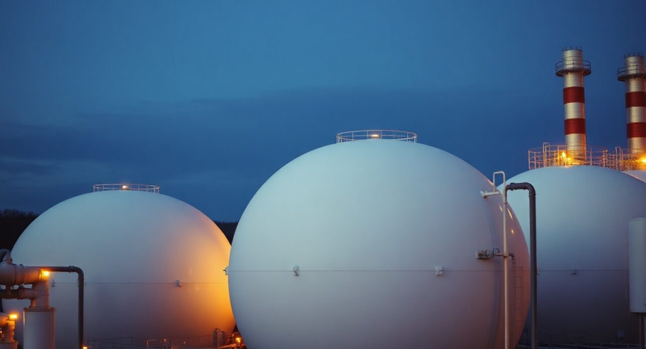 Natural gas storage facility in Europe at dusk, illustrating storage concerns.