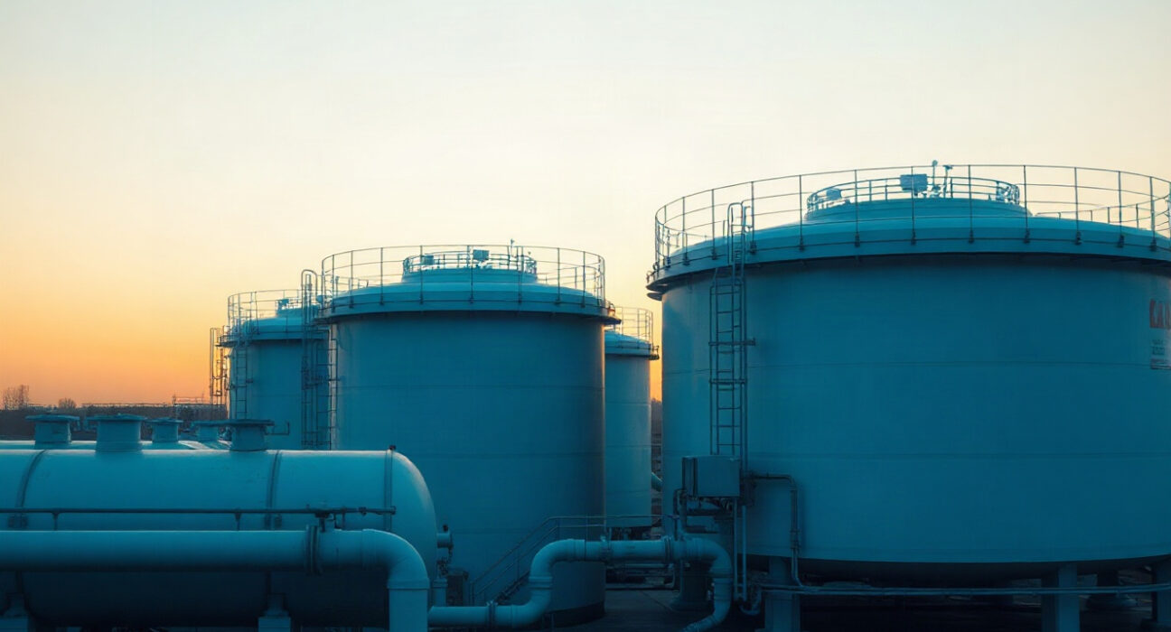Natural gas storage tanks at dusk, representing Europe's gas supply concerns
