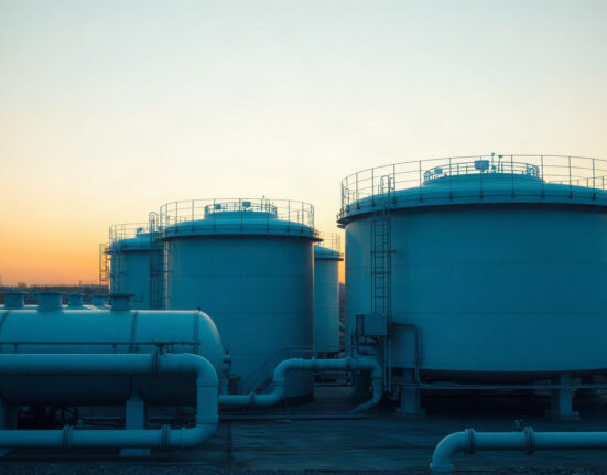 Natural gas storage tanks at dusk, representing Europe's gas supply concerns