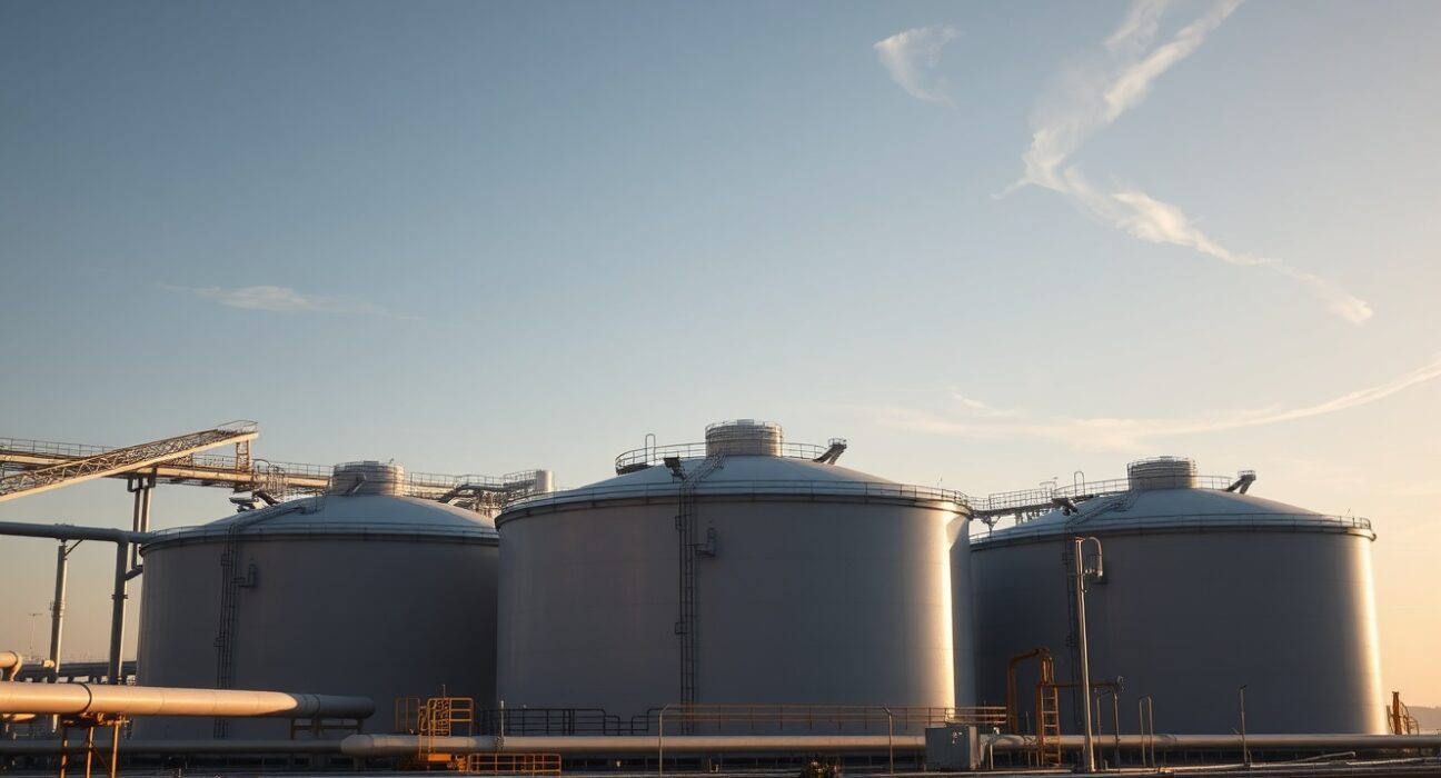 Aerial view of a European LNG terminal with storage tanks and pipelines.
