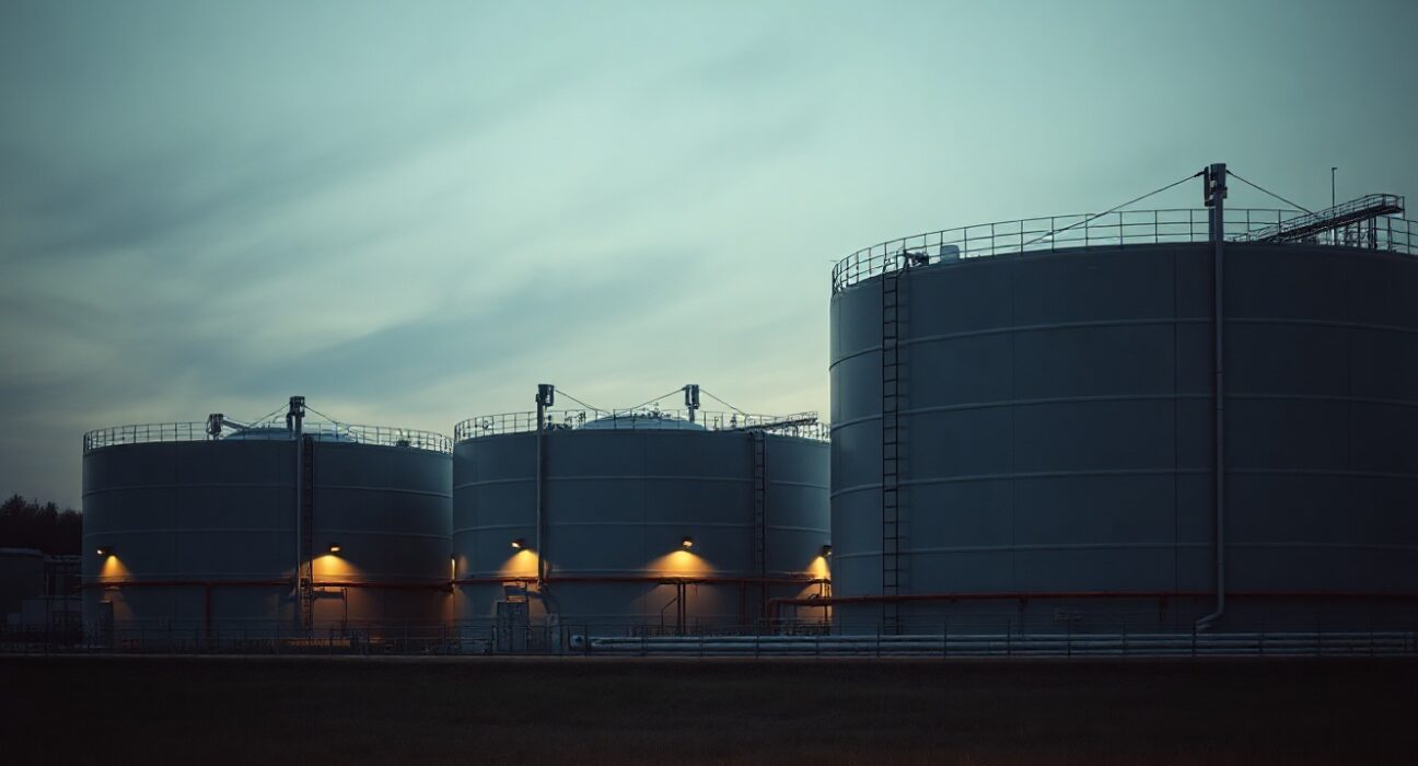 Natural gas storage facility in Europe at dusk, highlighting supply infrastructure.