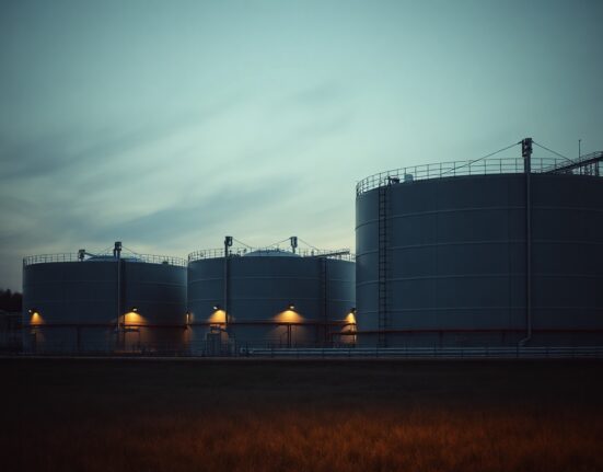 Natural gas storage facility in Europe at dusk, highlighting supply infrastructure.
