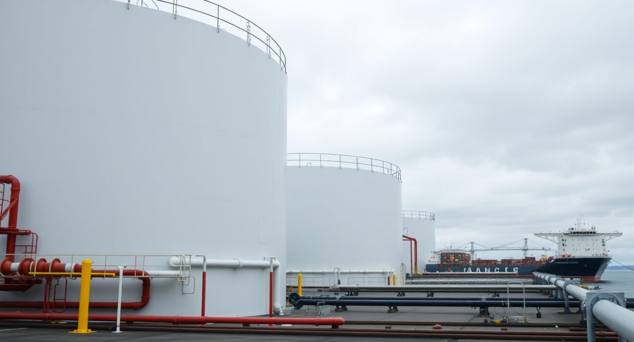 European natural gas storage facility with LNG terminal and pipelines under overcast sky