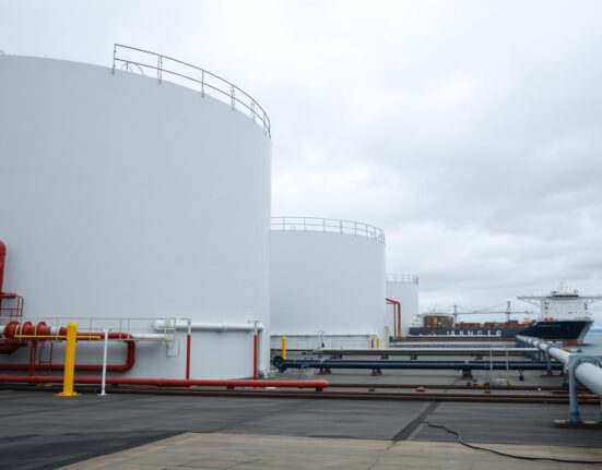 European natural gas storage facility with LNG terminal and pipelines under overcast sky