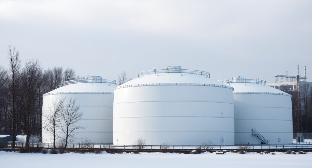 European natural gas storage facility with spherical tanks under overcast winter sky