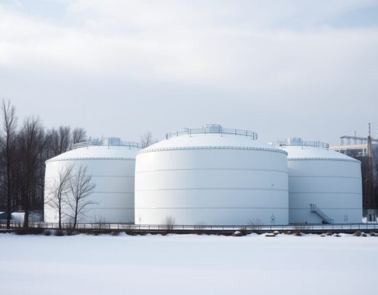 European natural gas storage facility with spherical tanks under overcast winter sky