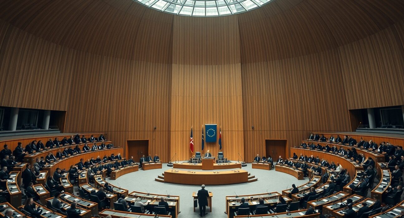 European Parliament chamber in Brussels during a session on trade policy