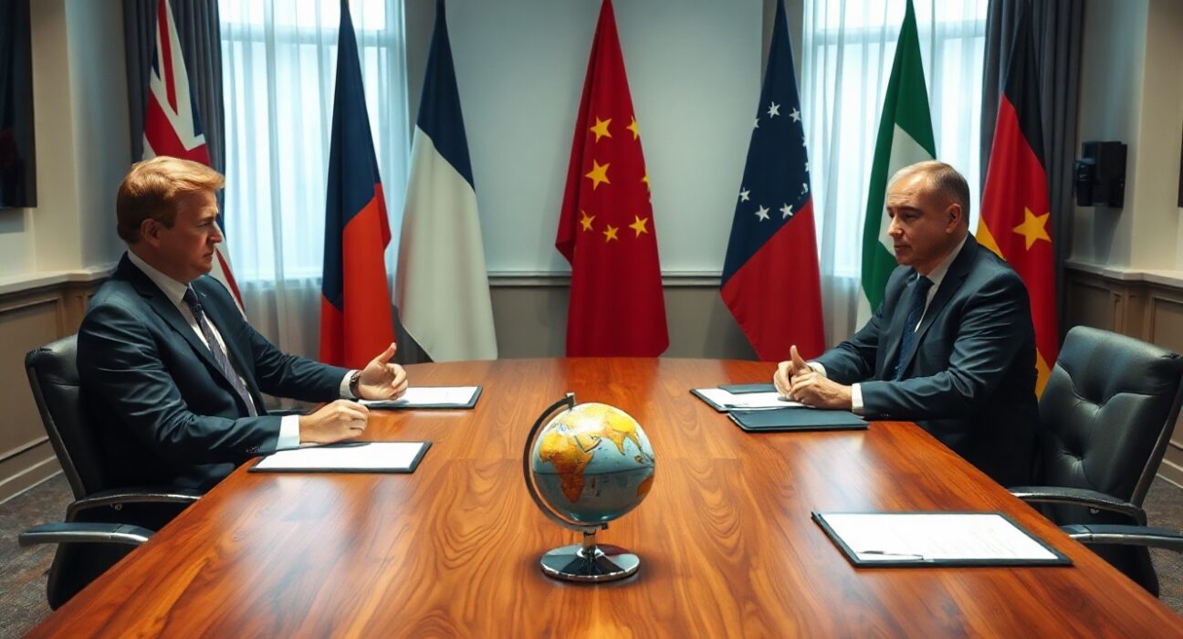 European diplomats in a meeting room with national flags, discussing Iran sanctions policy.