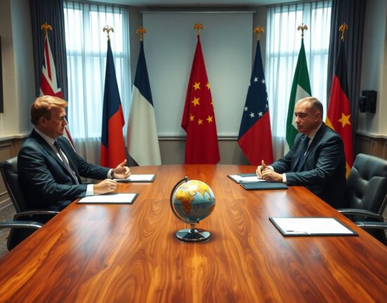 European diplomats in a meeting room with national flags, discussing Iran sanctions policy.