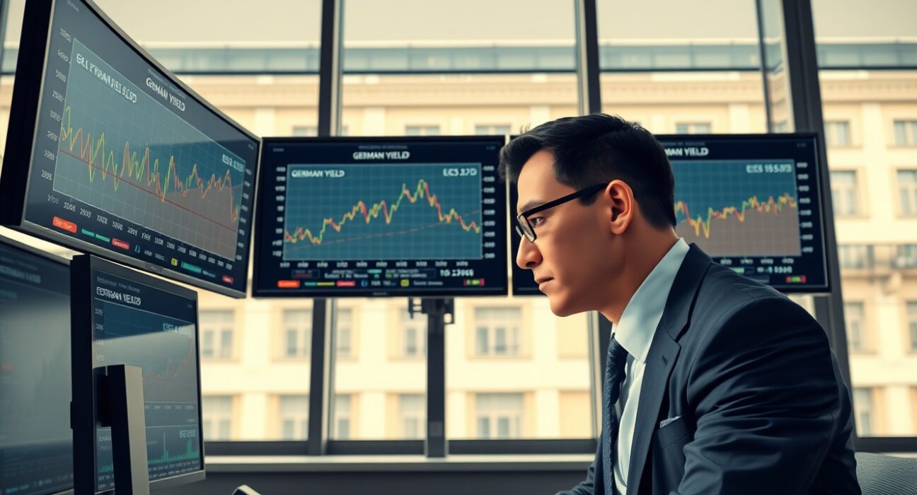 Financial analyst examining European interest rate data showing persistent pricing disconnect in bond markets