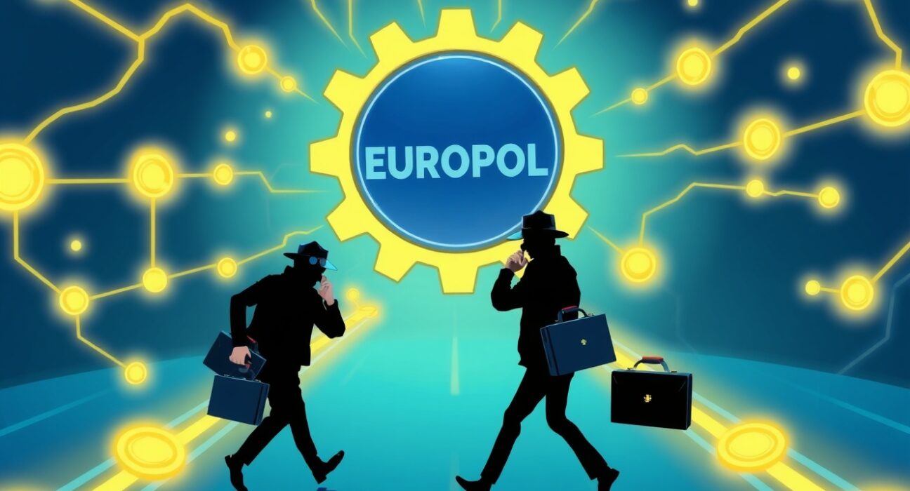 Cartoon illustration of a massive crypto money laundering operation being uncovered by Europol investigators.