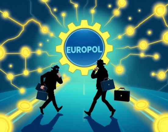 Cartoon illustration of a massive crypto money laundering operation being uncovered by Europol investigators.