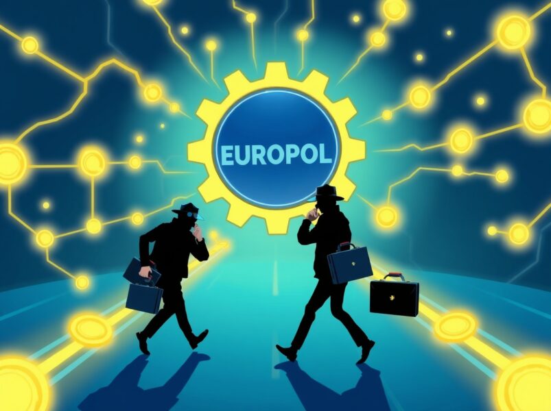 Cartoon illustration of a massive crypto money laundering operation being uncovered by Europol investigators.