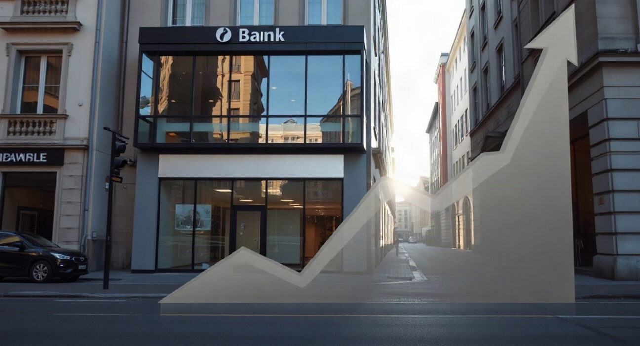 Modern bank building in a European city with a subtle rising graph overlay, symbolizing increased lending.