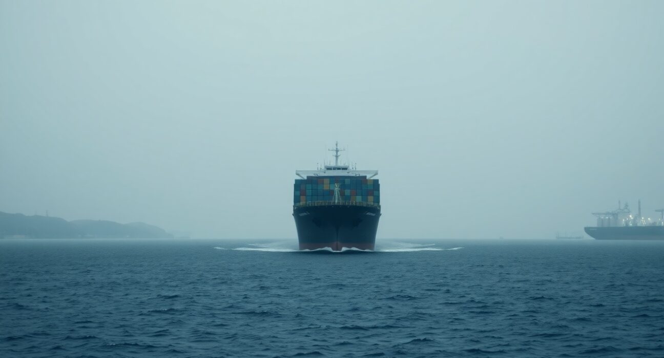 Large container ship navigating the Strait of Hormuz under overcast sky, with oil infrastructure in background.