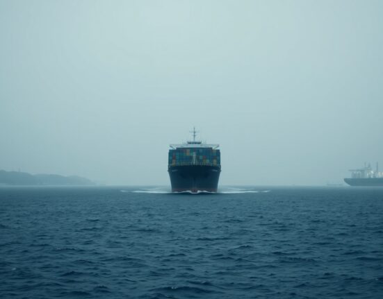 Large container ship navigating the Strait of Hormuz under overcast sky, with oil infrastructure in background.
