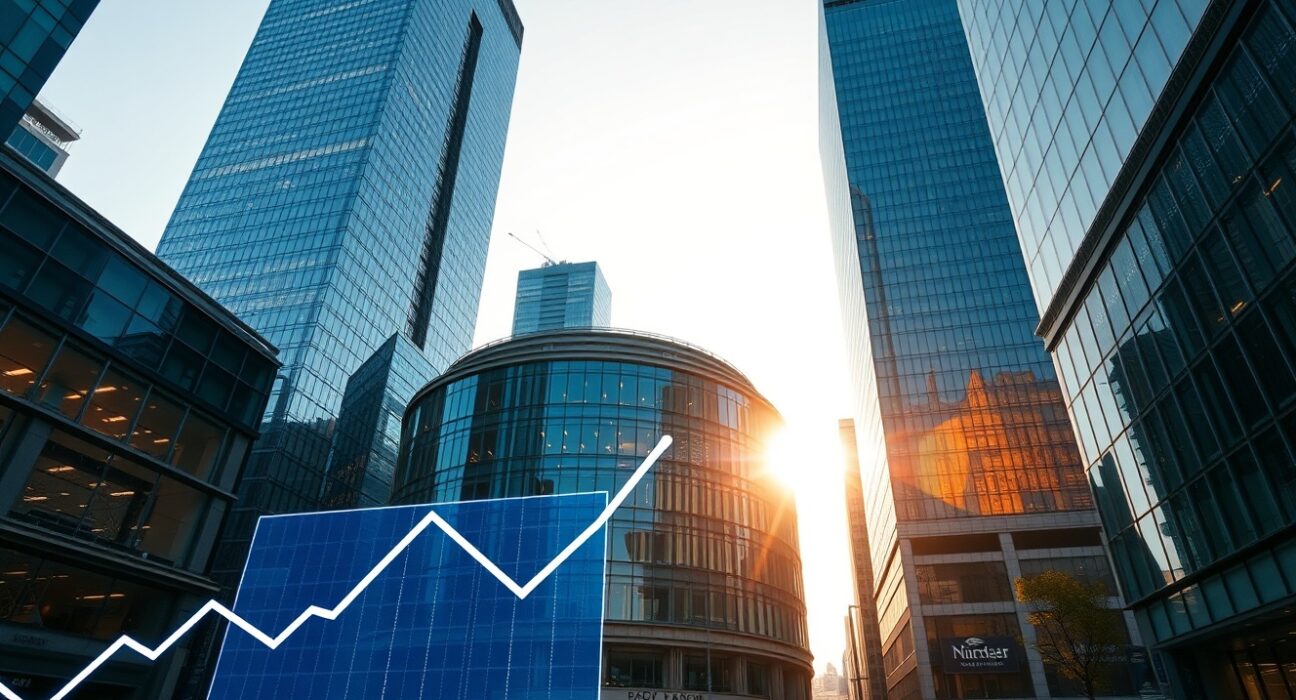 Eurozone financial district skyline at dawn with rising bond yield indicators