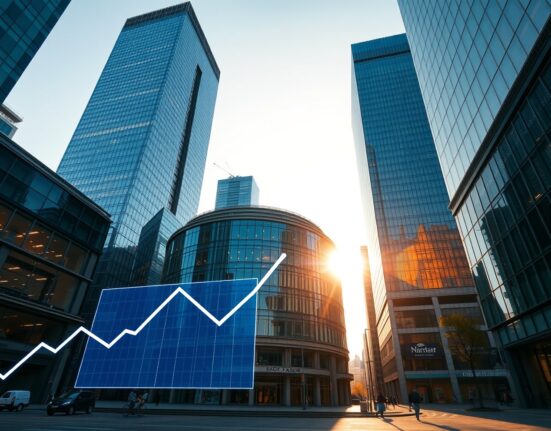 Eurozone financial district skyline at dawn with rising bond yield indicators