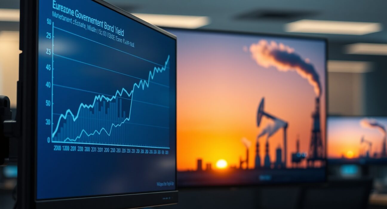 Financial monitor showing rising Eurozone bond yields alongside an oil refinery in the Middle East at sunset