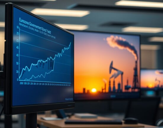 Financial monitor showing rising Eurozone bond yields alongside an oil refinery in the Middle East at sunset