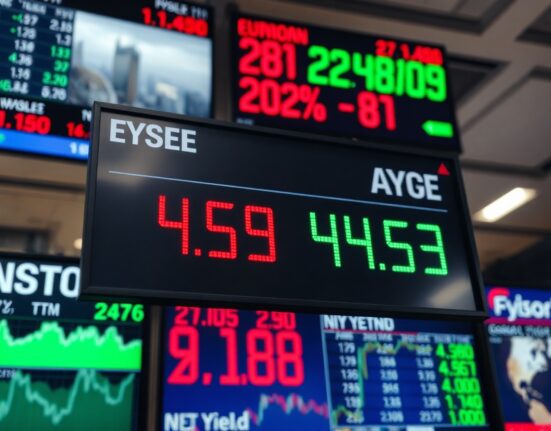 Financial market display showing mixed Eurozone government bond yield data amid Middle East uncertainty