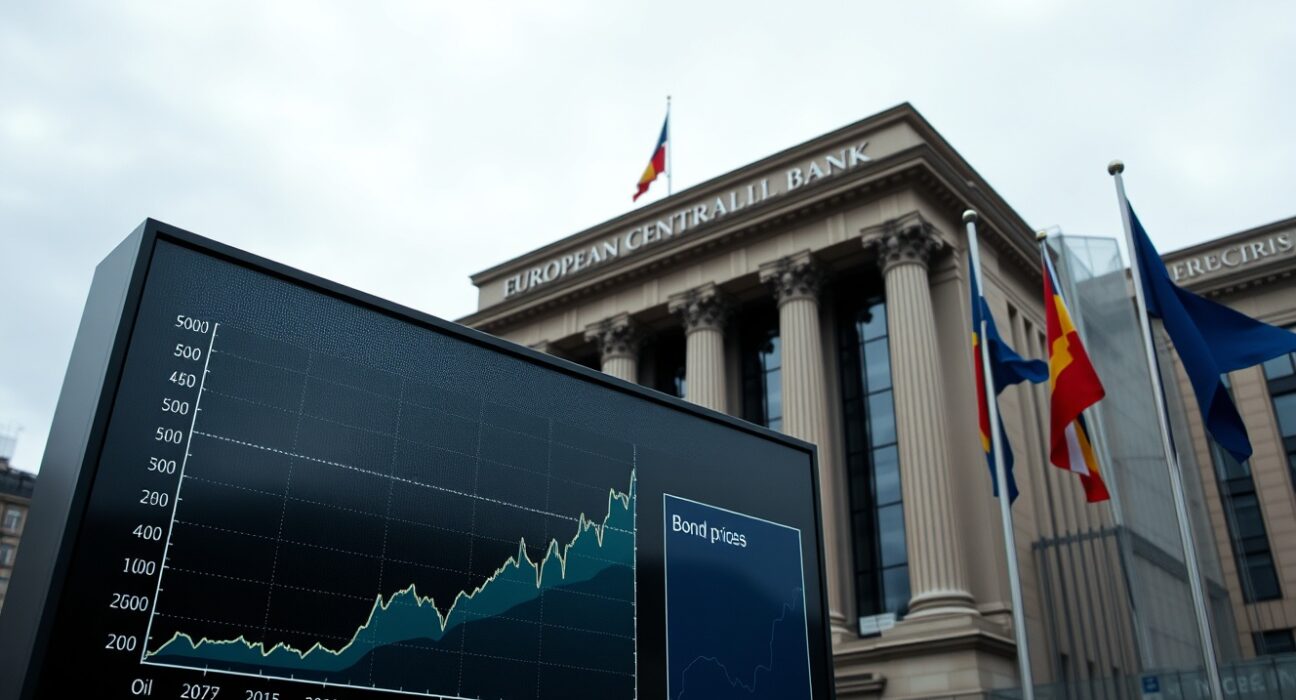 ECB headquarters with electronic display showing rising oil prices and bond yields.