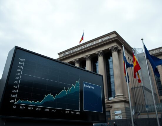 ECB headquarters with electronic display showing rising oil prices and bond yields.