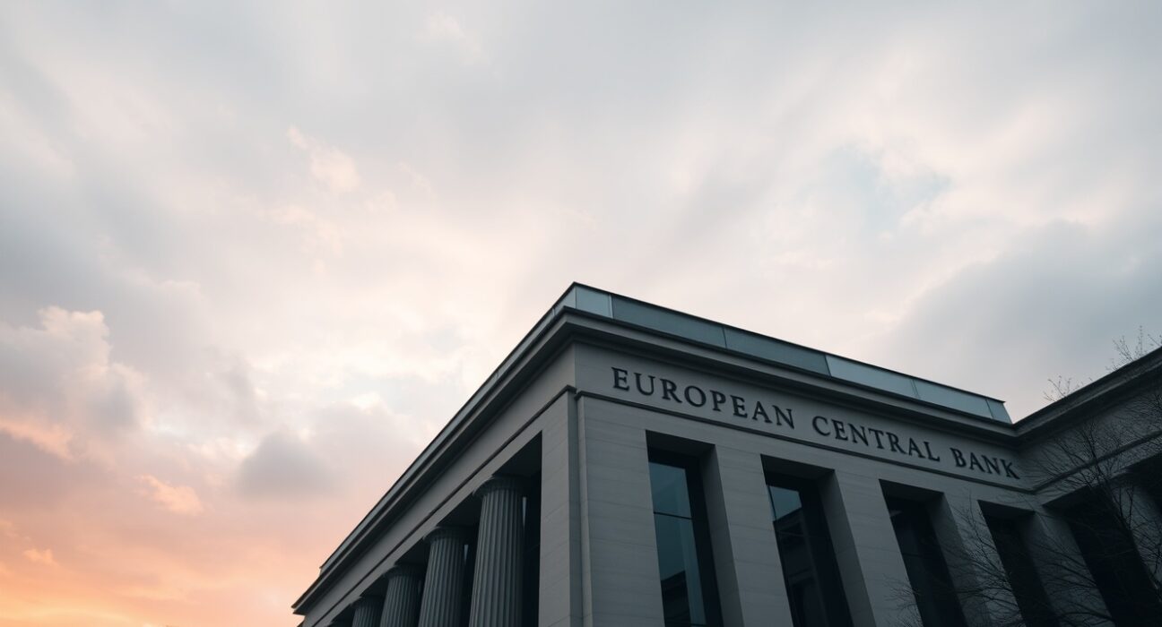 European Central Bank headquarters in Frankfurt under overcast sky symbolizing economic uncertainty from geopolitical tensions.