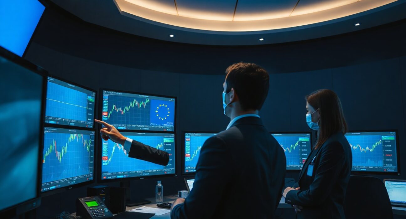 Traders monitoring bond yield charts on trading floor monitors