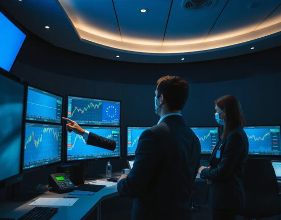 Traders monitoring bond yield charts on trading floor monitors