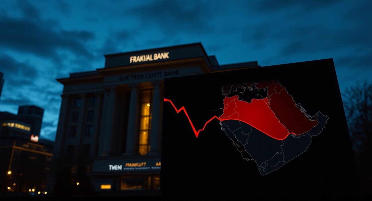 European Central Bank building in Frankfurt with financial ticker showing rising bond yields and Middle East map overlay