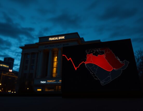European Central Bank building in Frankfurt with financial ticker showing rising bond yields and Middle East map overlay