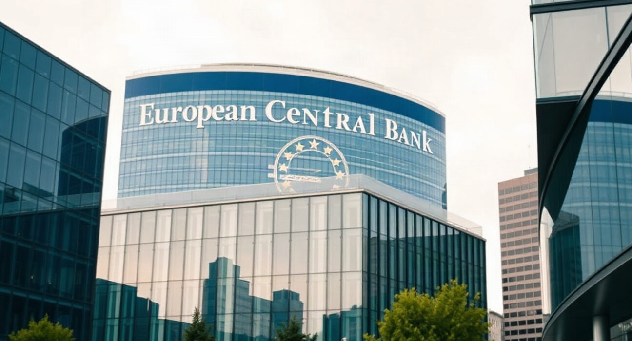 Eurozone business district with European Central Bank headquarters on a cloudy day