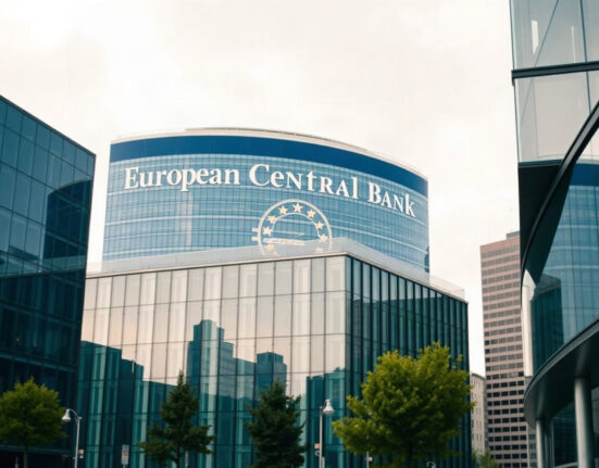 Eurozone business district with European Central Bank headquarters on a cloudy day