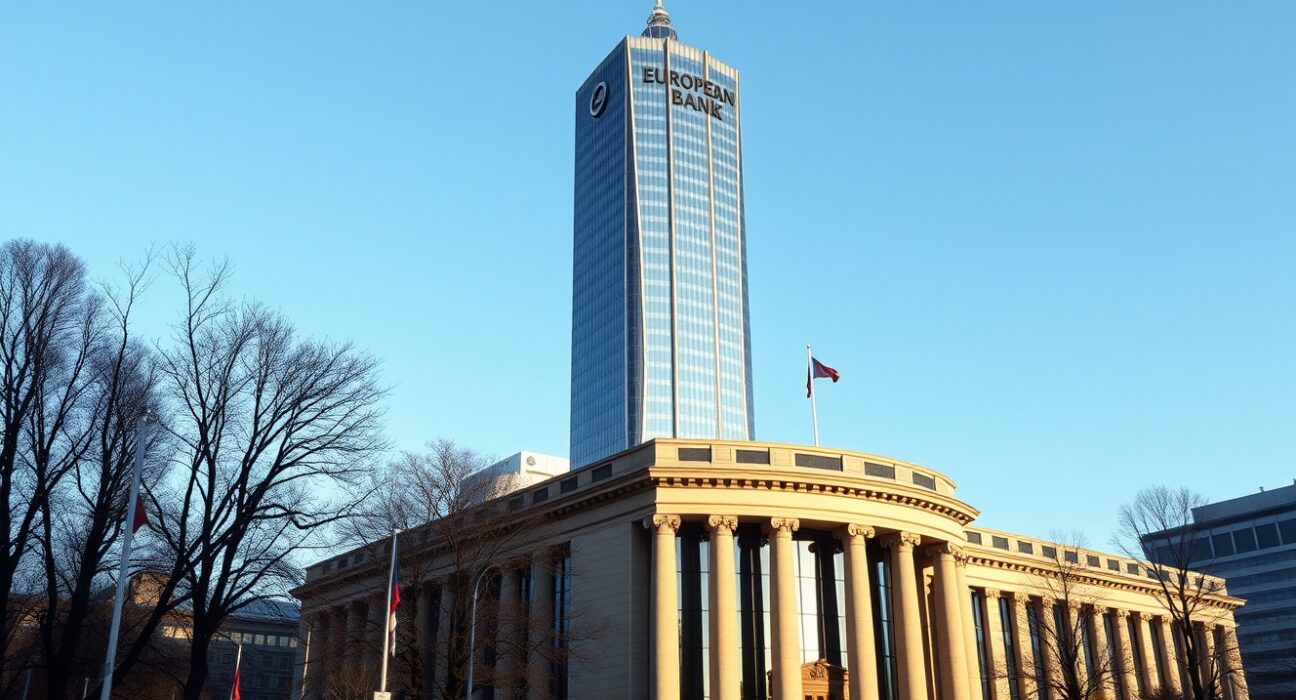 European Central Bank headquarters in Frankfurt, symbolizing Eurozone financial data and euro positioning.