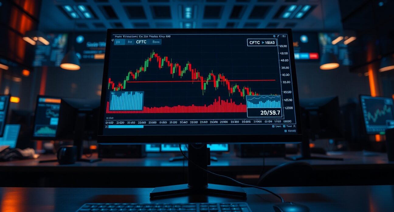 A professional trading monitor displaying a declining EUR/USD candlestick chart and CFTC data, representing shifting market sentiment.