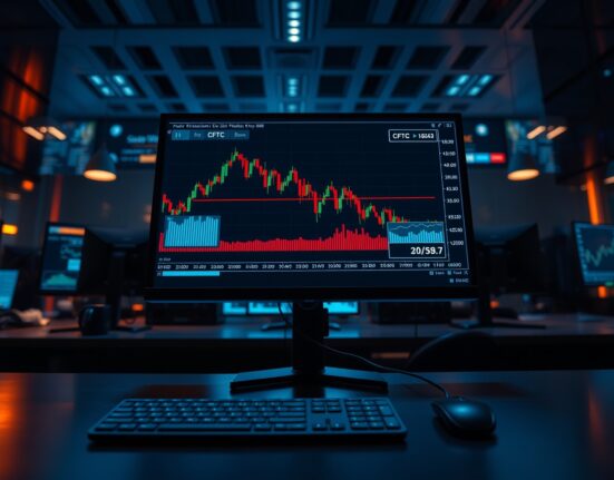 A professional trading monitor displaying a declining EUR/USD candlestick chart and CFTC data, representing shifting market sentiment.