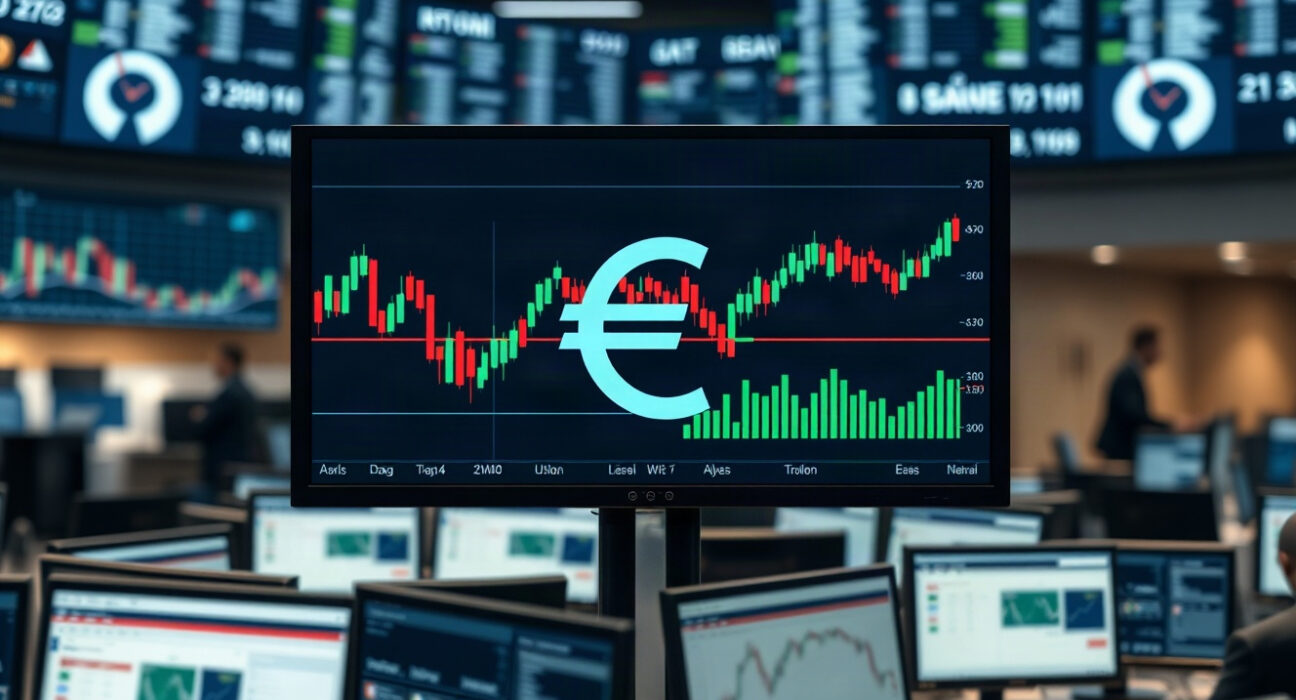Euro symbol on a trading screen with candlestick charts in a professional trading floor setting