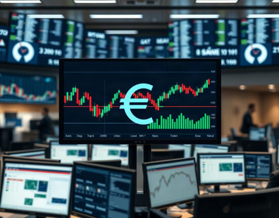 Euro symbol on a trading screen with candlestick charts in a professional trading floor setting